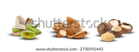 Mixed Nuts Selection Isolated on White Background. Pistachio, Almond, and Macadamia Nuts