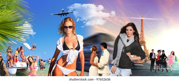mixed people with beach and Paris on background - travel concept