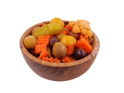 Mixed Pickled Vegetables, Carrots, Lemons, Cucumbers, Black Olives, Green Olives, Chili, Cauliflower Assorted Pickle In Wooden Dish Side View Isolated On A White Background