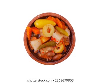 Mixed pickled vegetables, carrots, turnips, cucumbers, olives slice assorted in clay dish Top View isolated on a white background         - Shutterstock ID 2263679903