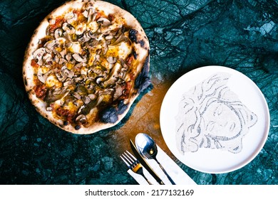 Mixed Pizza With Truffles Top View On Blue Marble Table