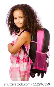 Mixed race African American girl wearing backpack for school against white background