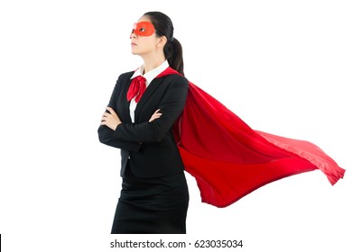 mixed race asian chinese business woman have large ambition dreaming become superhero solving all difficulty problem about the world showing isolated on the white background with copyspace.