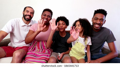 Mixed Race Family Speaking In Video Long Distance Communication. Interracial Couple And Kids-