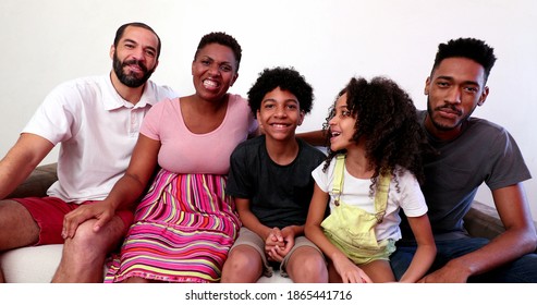 Mixed Race Family Speaking In Video Long Distance Communication. Interracial Couple And Kids-