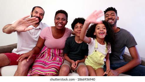 Mixed Race Family Speaking In Video Long Distance Communication. Interracial Couple And Kids