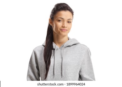 Mixed race female with a gray hoodie isolated on white background