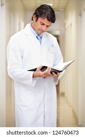 Mixed Race Male Doctor Reading Medical Journal In Hospital Corridor