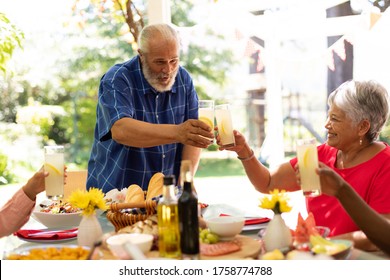 A Mixed Race Senior Man Raising A Glass Of Lemonade And Making A Toast With His Multi-ethnic Adult Family, Sitting At The Table And Raising Their Glasses During A Meal Together Outside On A Patio