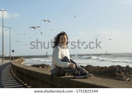 Similar – Foto Bild Möwe geht auf einer Buhne auf Borkum aufs Meer zu