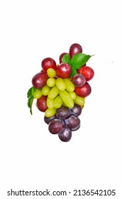 Mixed Red Black Green Grapes With Grape Leaves Isolated On White Background