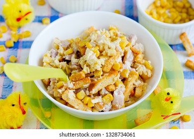 Mixed Salad From Ham, Cheese, Boiled Egg,  Canned Corn And Bread Crusts With Mayonnaise Dressing For Easter Dinner