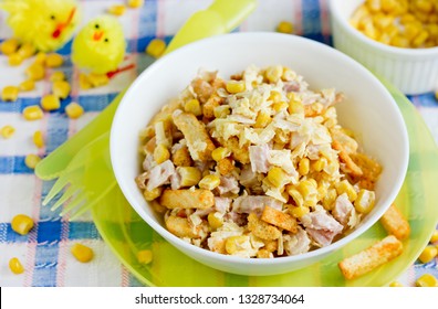 Mixed Salad From Ham, Cheese, Boiled Egg,  Canned Corn And Bread Crusts With Mayonnaise Dressing For Easter Dinner