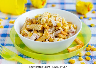 Mixed Salad From Ham, Cheese, Boiled Egg,  Canned Corn And Bread Crusts With Mayonnaise Dressing For Easter Dinner