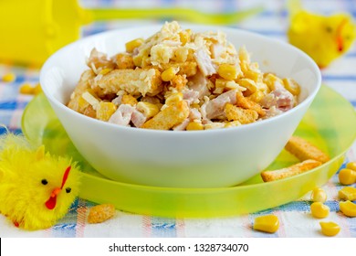 Mixed Salad From Ham, Cheese, Boiled Egg,  Canned Corn And Bread Crusts With Mayonnaise Dressing For Easter Dinner