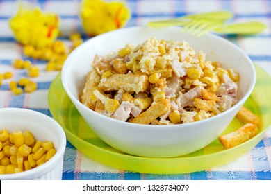 Mixed Salad From Ham, Cheese, Boiled Egg,  Canned Corn And Bread Crusts With Mayonnaise Dressing For Easter Dinner