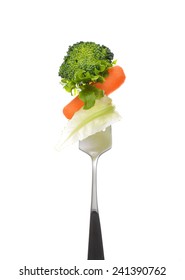 Mixed Salad On Fork Isolated On White