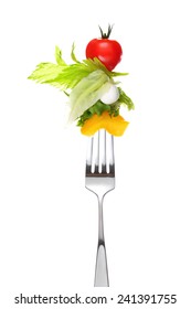 Mixed Salad On Fork Isolated On White