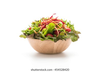 Mixed Salad In Wood Bowl On White Background