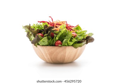 Mixed Salad In Wood Bowl On White Background