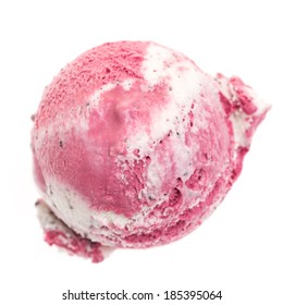 A mixed scoop of vanilla and cherry ice cream isolated on white background