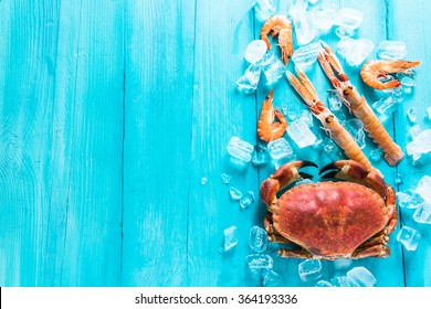 Mixed sea food border background from overhead
