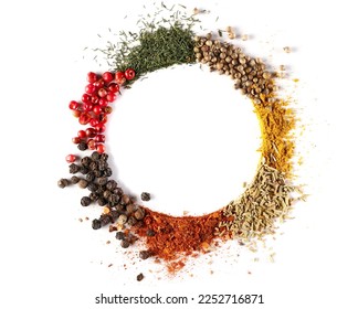 Mixed spice, red peppercorns, dry chopped dill, coriander seed, curry, rosemary, chopped hot pepper, black peppercorns isolated on white, top view  - Powered by Shutterstock