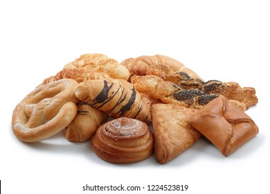 Mixed sweet and salted pastry, patisserie, bakery products on white background