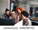 Mixed team of software engineers brainstorming ideas. Diverse app developers collaborating as group