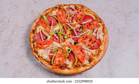 Mixed Tomatoes Chicken Bell Pepper Pizza Isolated Top View