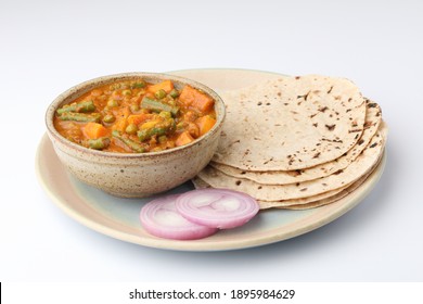 Mixed Veg Curry Made From Beans, Carrot, Potato With Roti Or Chappati On A Plate, Indian Food