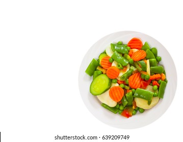 Mixed Vegetables On A Plate. Top View. Isolated On White
