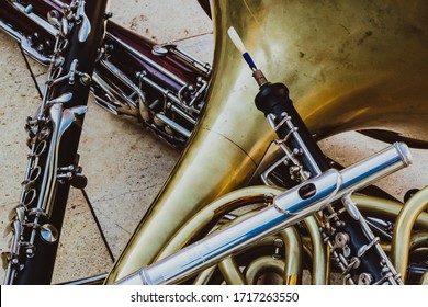 Mixed wind quintet instruments, black and white, gold, silver and wood. - Shutterstock ID 1717263550