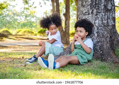 Mixed-race Girl And Boy Eating Red Apple And Have Big Smile Face Under The Big Tree. She Relax And Playing In The Public. Learning Ideas Outside The Classroom. Soft Focus