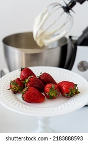 Mixer Bowl Of Whipped Cream. White Kitchen Background. Homemade Culinary Concept. Mixing, Whipping Cream For Cake. Concept Of Confectionery, Cooking Desserts And Kitchenware, Homemade Culinary.