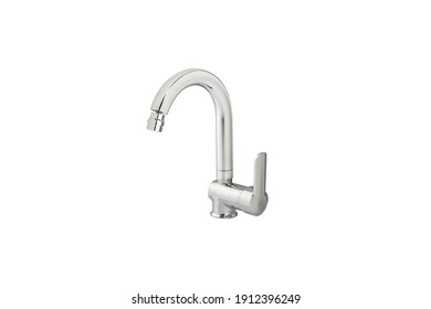 Mixer Cold Hot Water. Modern Faucet Bathroom. Kitchen Tap . Isolated White Background. Side View.