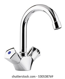 Mixer Cold Hot Water. Modern Faucet  Bathroom.  Kitchen Tap  . Isolated  White Background. Chrome-plated Metal.