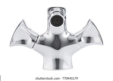 Mixer Cold Hot Water. Modern Faucet  Bathroom.  Kitchen Tap  . Isolated  White Background. Front View.