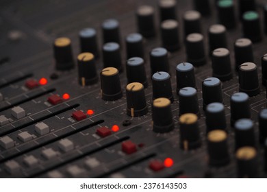 Mixer control. Music engineer. Backstage controls on an audio mixer, Sound mixer. Professional audio mixing console with lights, buttons, faders and sliders. sound check for concert. 