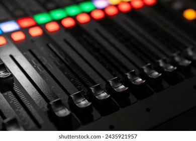 Mixer control. Music engineer. Backstage controls on an audio mixer, Sound mixer. Professional audio mixing console with lights, buttons, faders and sliders. sound check for concert.