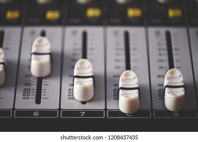 Mixer Or Power Mixer And Audio Controler Set. Professional Audio Equalizer. Close-up Of Console With Buttons And Knob In The Music Studio. Equipment For Concert And Dj Booth.