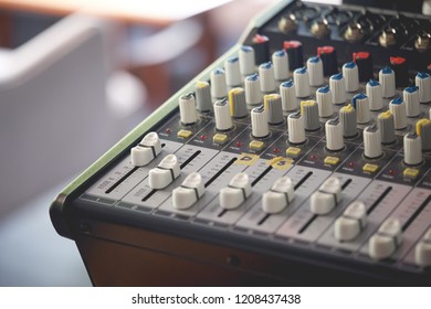 Mixer Or Power Mixer And Audio Controler Set. Professional Audio Equalizer. Close-up Of Console With Buttons And Knob In The Music Studio. Equipment For Concert And Dj Booth.