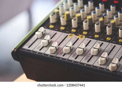 Mixer Or Power Mixer And Audio Controler Set. Professional Audio Equalizer. Close-up Of Console With Buttons And Knob In The Music Studio. Equipment For Concert And Dj Booth.