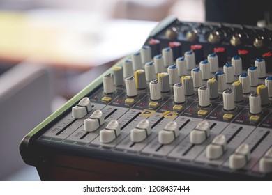 Mixer Or Power Mixer And Audio Controler Set. Professional Audio Equalizer. Close-up Of Console With Buttons And Knob In The Music Studio. Equipment For Concert And Dj Booth.