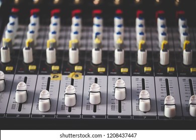 Mixer Or Power Mixer And Audio Controler Set. Professional Audio Equalizer. Close-up Of Console With Buttons And Knob In The Music Studio. Equipment For Concert And Dj Booth.