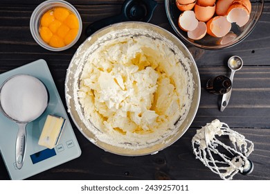 Mixing Bowl Filled with Vanilla Swiss Meringue Buttercream: Overhead view of a mixing bowl filled with Swiss meringue buttercream frosting or icing