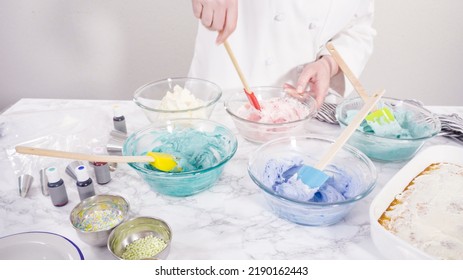 Mixing Food Coloring Into Italian Buttercream Frosting.