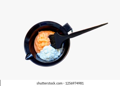 Mixing Hair Dye In A Special Plastic Bowl. Concept Is Hair Coloring. Isolated On White.