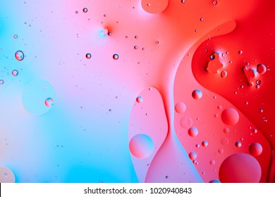 Mixing Water And Oil, Beautiful Color Abstract Background Based On Red And Yellow Circles And Ovals, Macro Abstraction