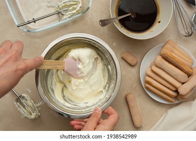 Mixing, Whipping Cream For Cake. Cooking Tiramisu Cake With Sponge Fingers. Step By Step Recipe.